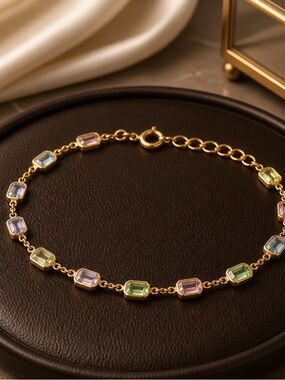 GHR Gold Filled Bracelet/Anklet - Peridot, Amethyst Aquamarine Light Rose 9 1/2"